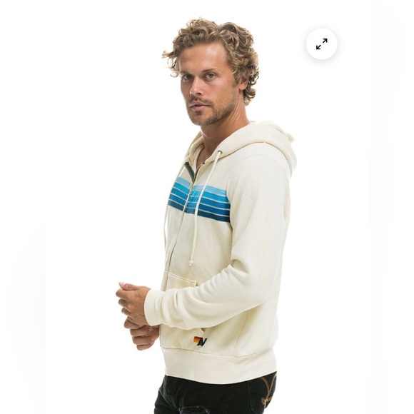 Aviator Nation Cream Zip-Up Sweater with Blue Stripes - Picture 11 of 16